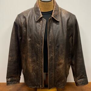 Eddie Bauer Men's L Brown Textured Genuine Leather Jacket Motorcycle Bomber 1047